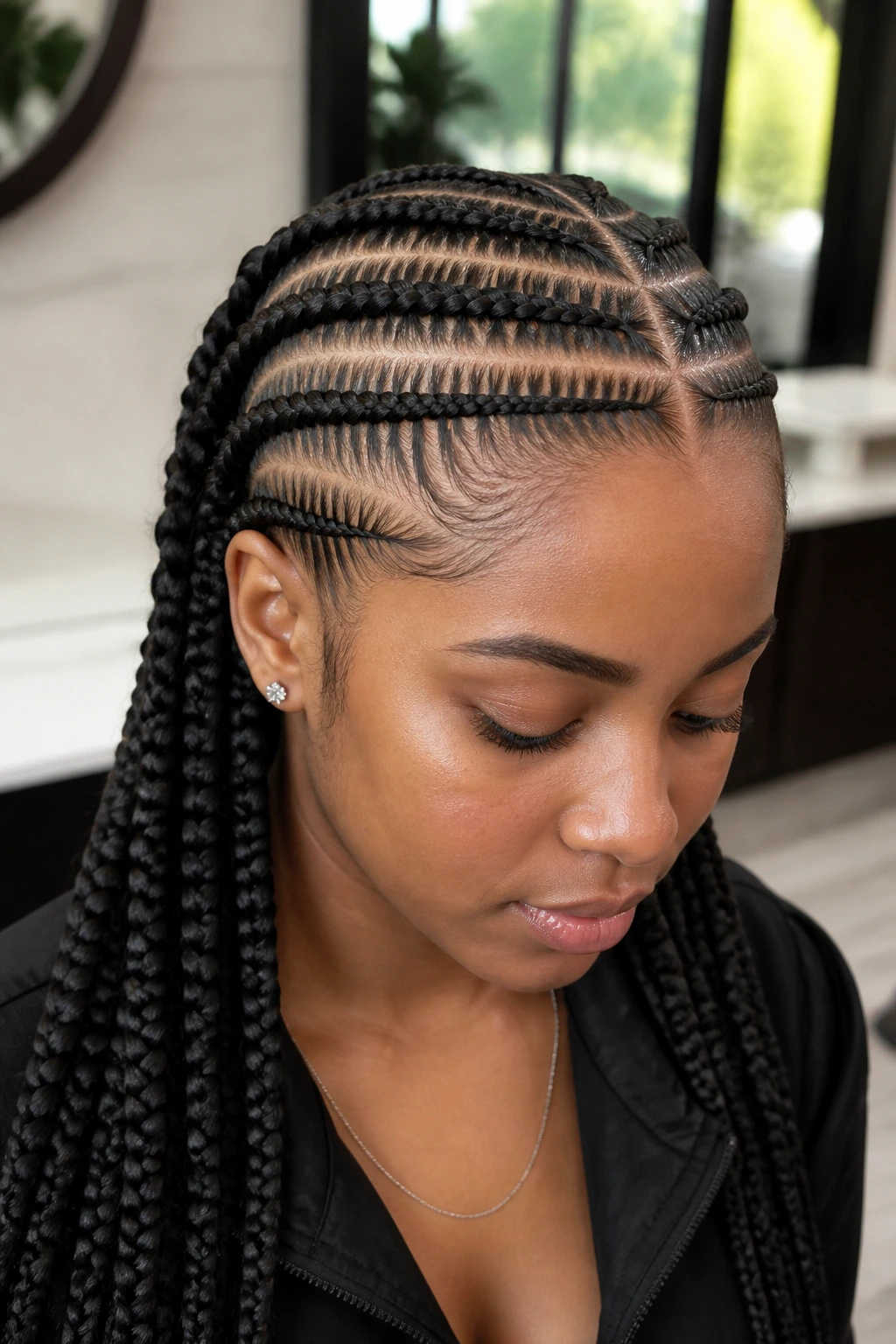 Close-up of stitch braids pattern on scalp on a real person