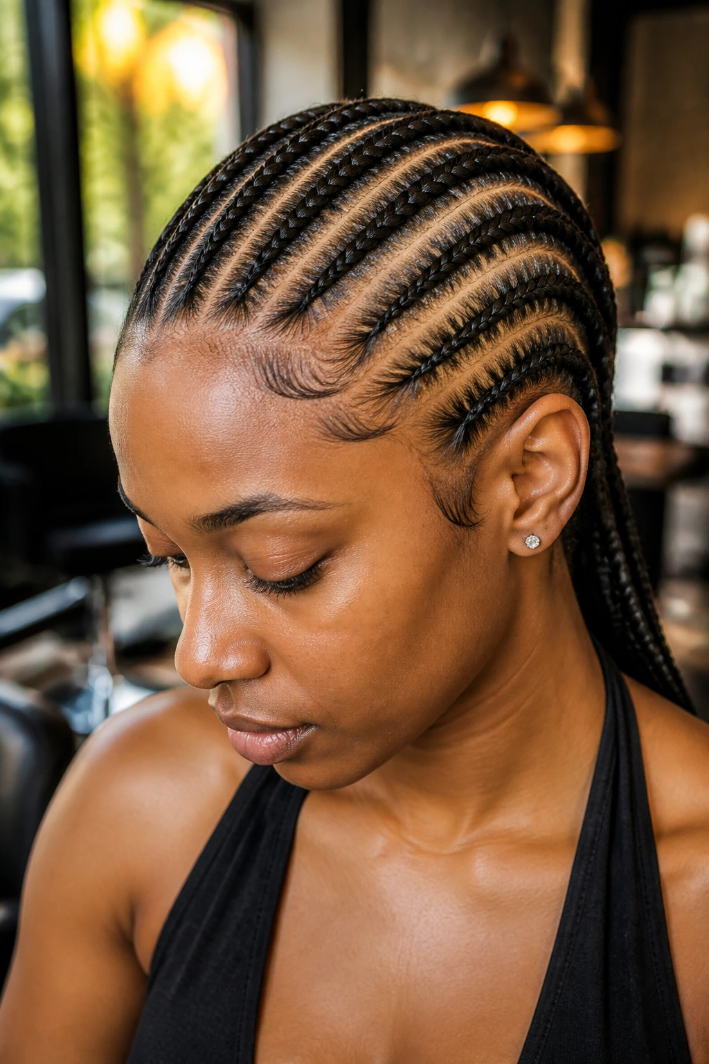 Close-up of a real person with straight-back cornrows from hairline to nape