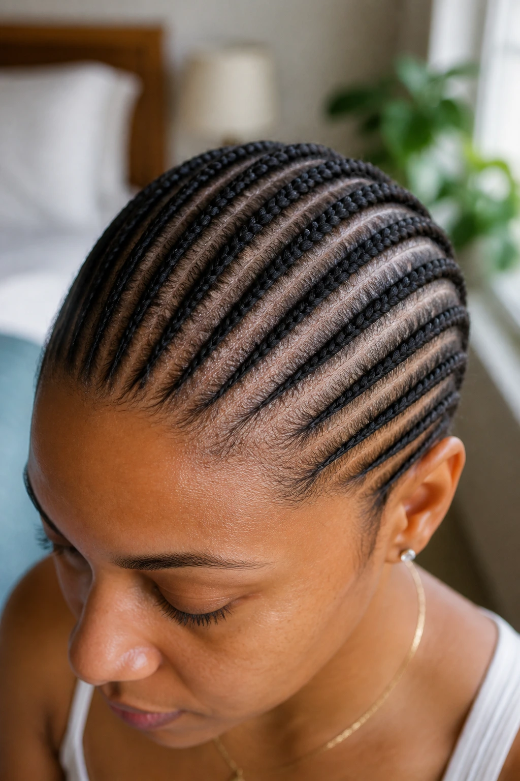 Real woman with front-to-back straight-back cornrows