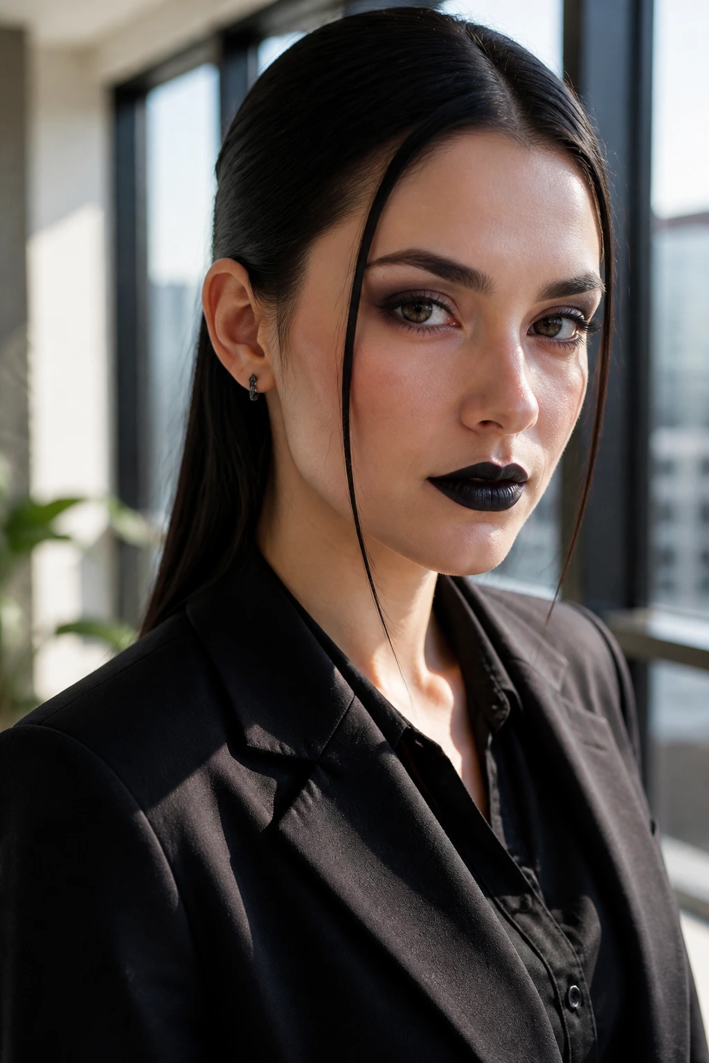 Close-up of straight-back hairstyle with face-framing tendrils on a real person in a modern workspace