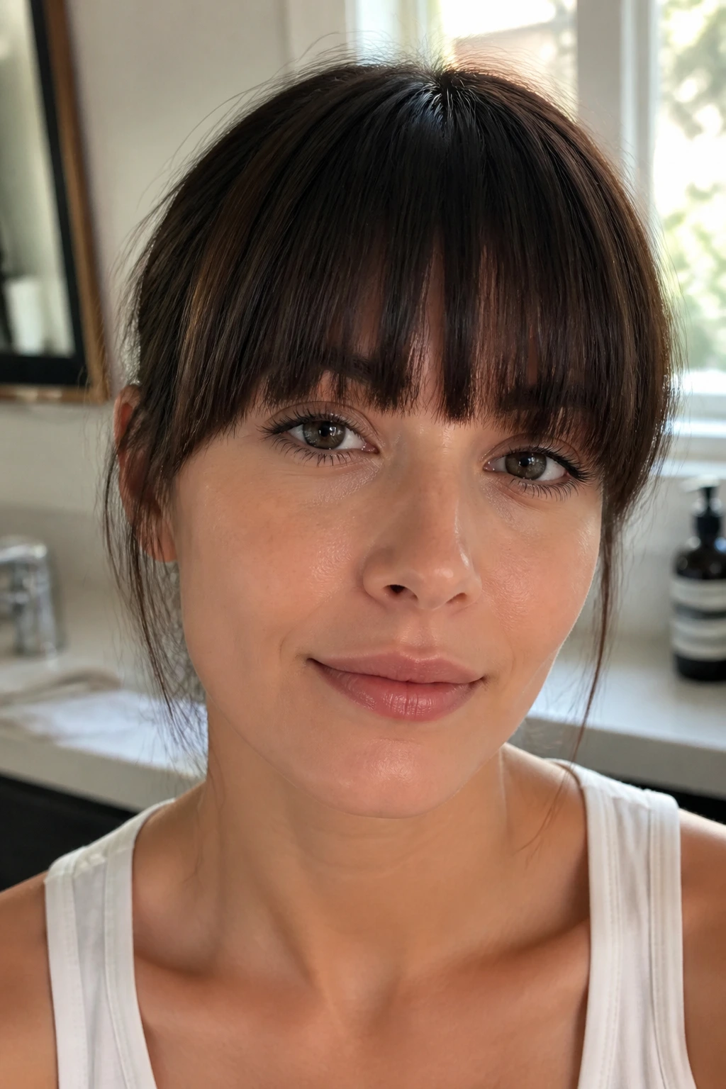 Close-up of a real woman with straight bangs in a bathroom, showcasing bangs grooming