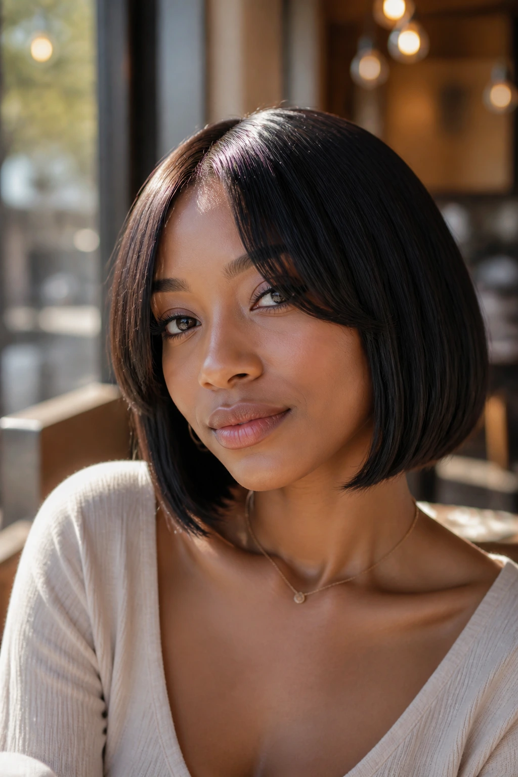 Portrait of a person with a straight bob in a sunlit cafe setting