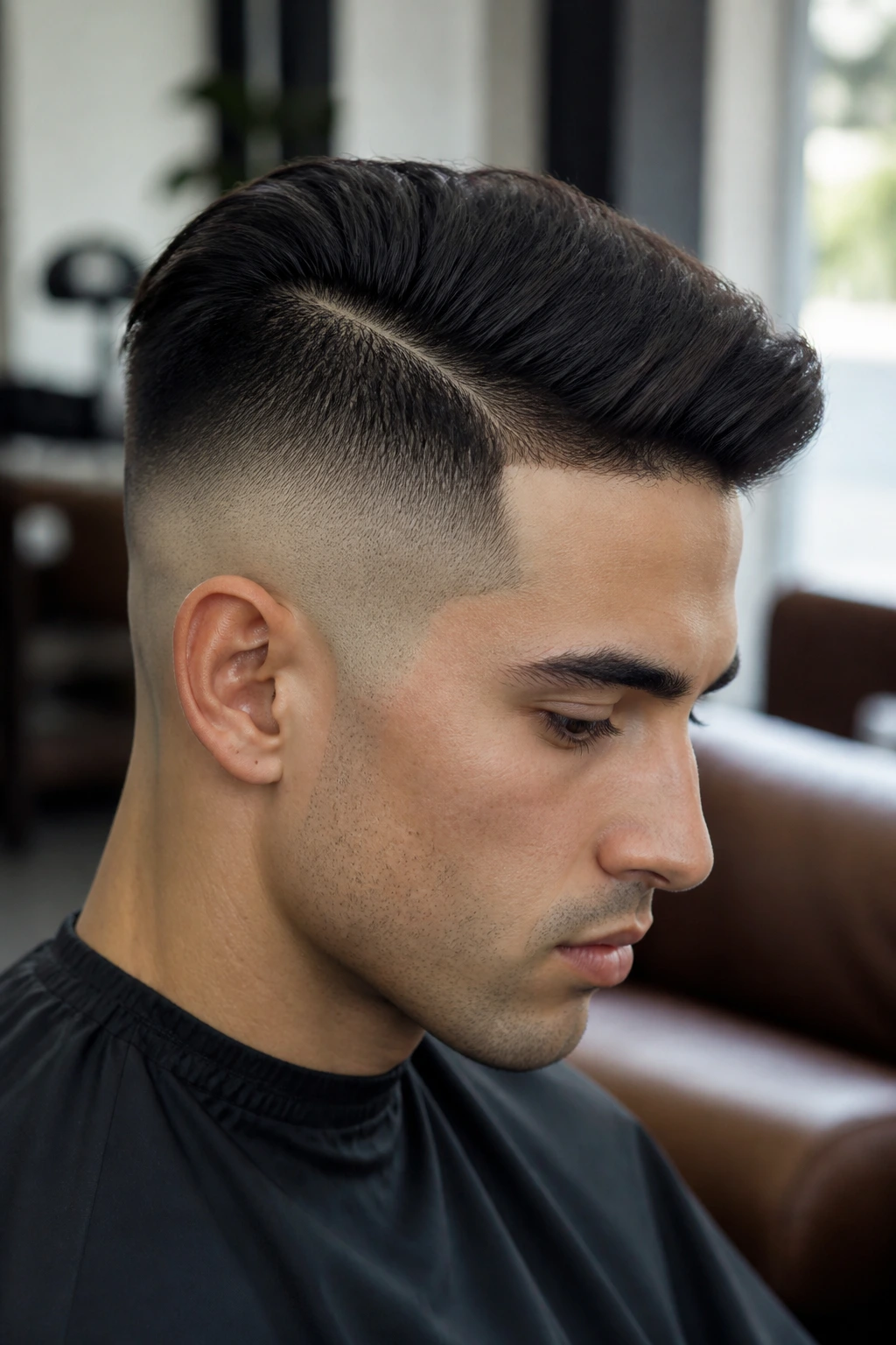 Close-up of straight hair with a crisp shaved boundary on the sides in a salon