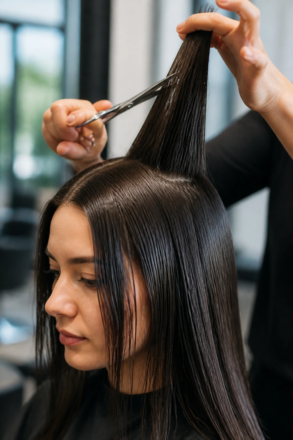 Close-up of a real person with straight hair in a salon during a dry-cutting session