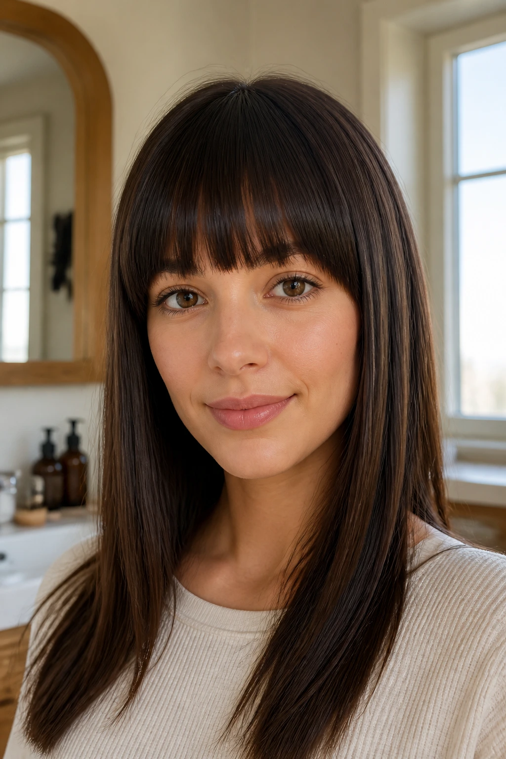 Close-up of a real woman with a precise fringe on straight hair in warm light