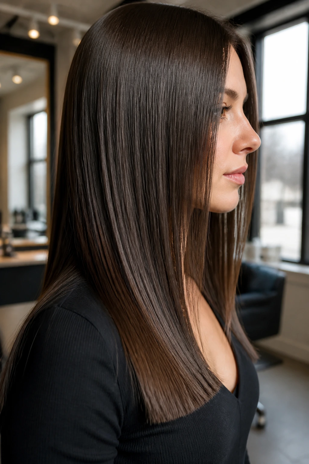 Close-up of straight hair with parallel strands and a precise cut on a real woman