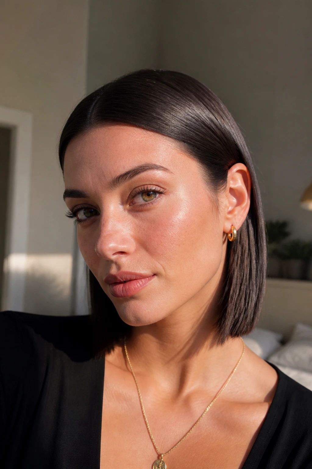 Close-up of a real woman with a straight lob tucked behind the ears.