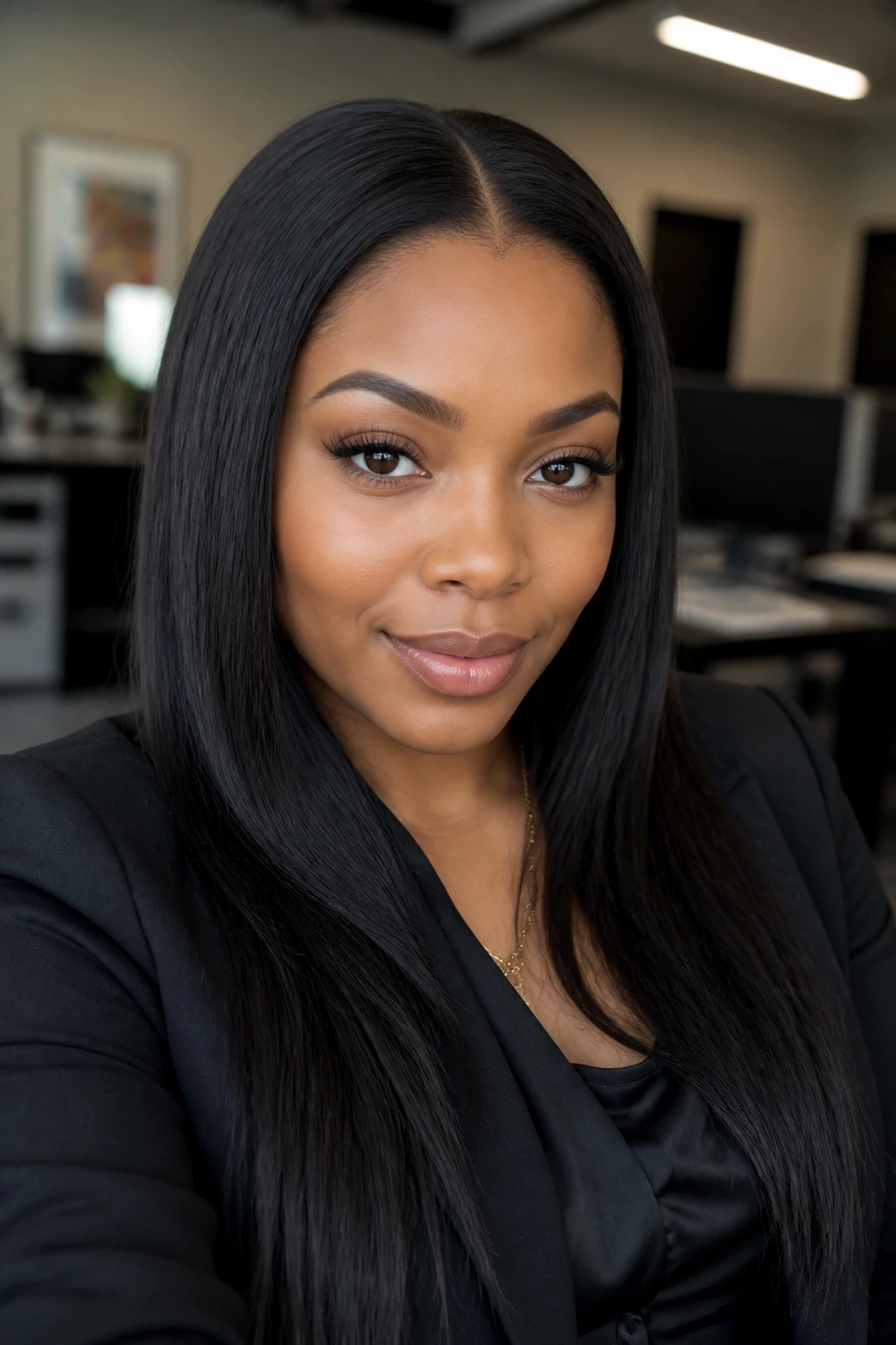 Close-up of a real woman with a straight sew-in and invisible part in an office