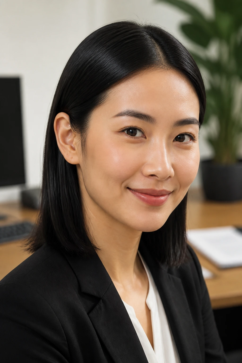 Close-up portrait of a real woman with straight hair tucked behind both ears in an office setting