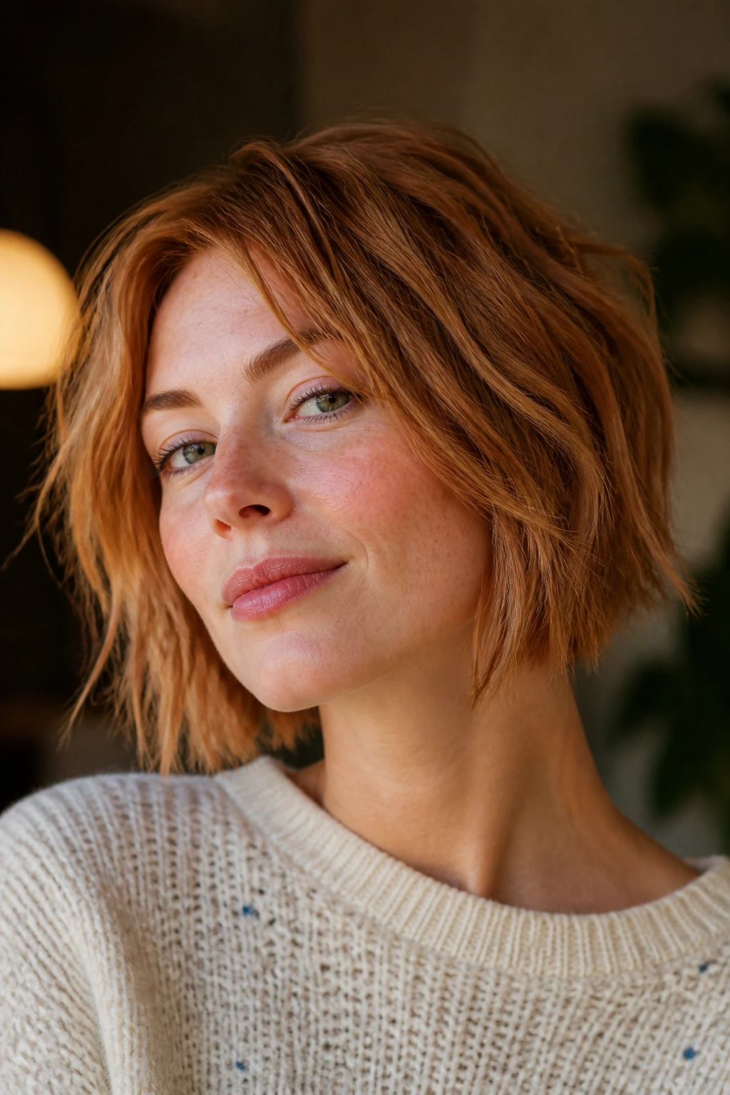 Portrait of a woman with a choppy strawberry blonde bob in warm interior light