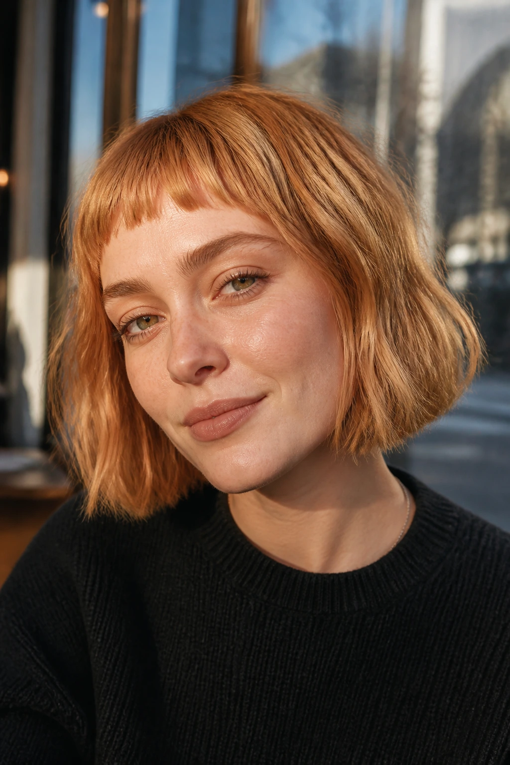 Close-up of a real woman with strawberry blonde bob and textured micro-bangs