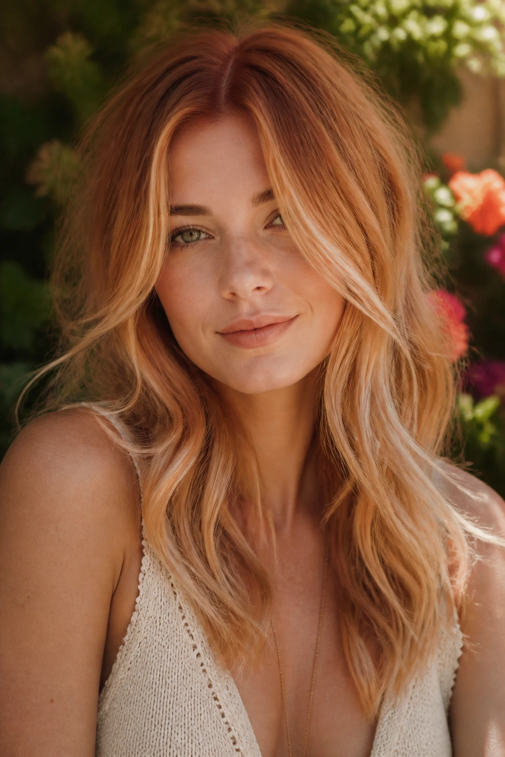Close-up of real woman with strawberry blonde face-frame and roots