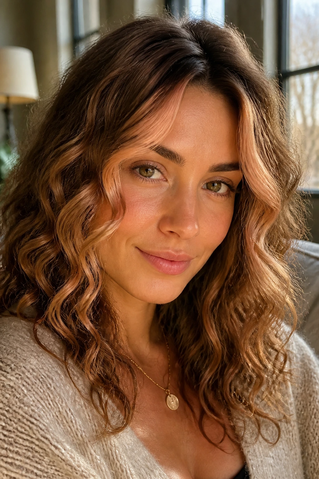 Close-up of a real woman with strawberry blonde face-framing highlights on loose curls