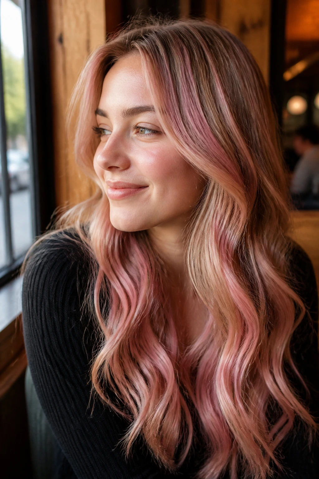 Close-up portrait of a person with strawberry pink highlights in hair in a cozy cafe