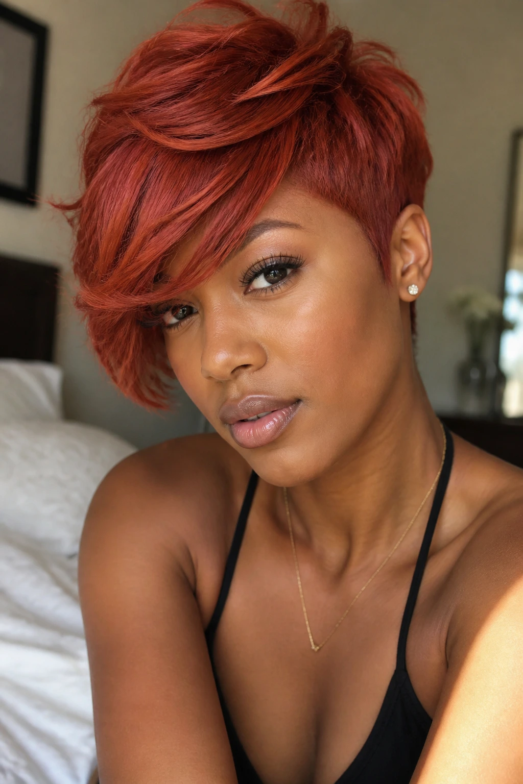 Close-up of a woman with strawberry red pixie cut and side-swept bangs in natural window light.