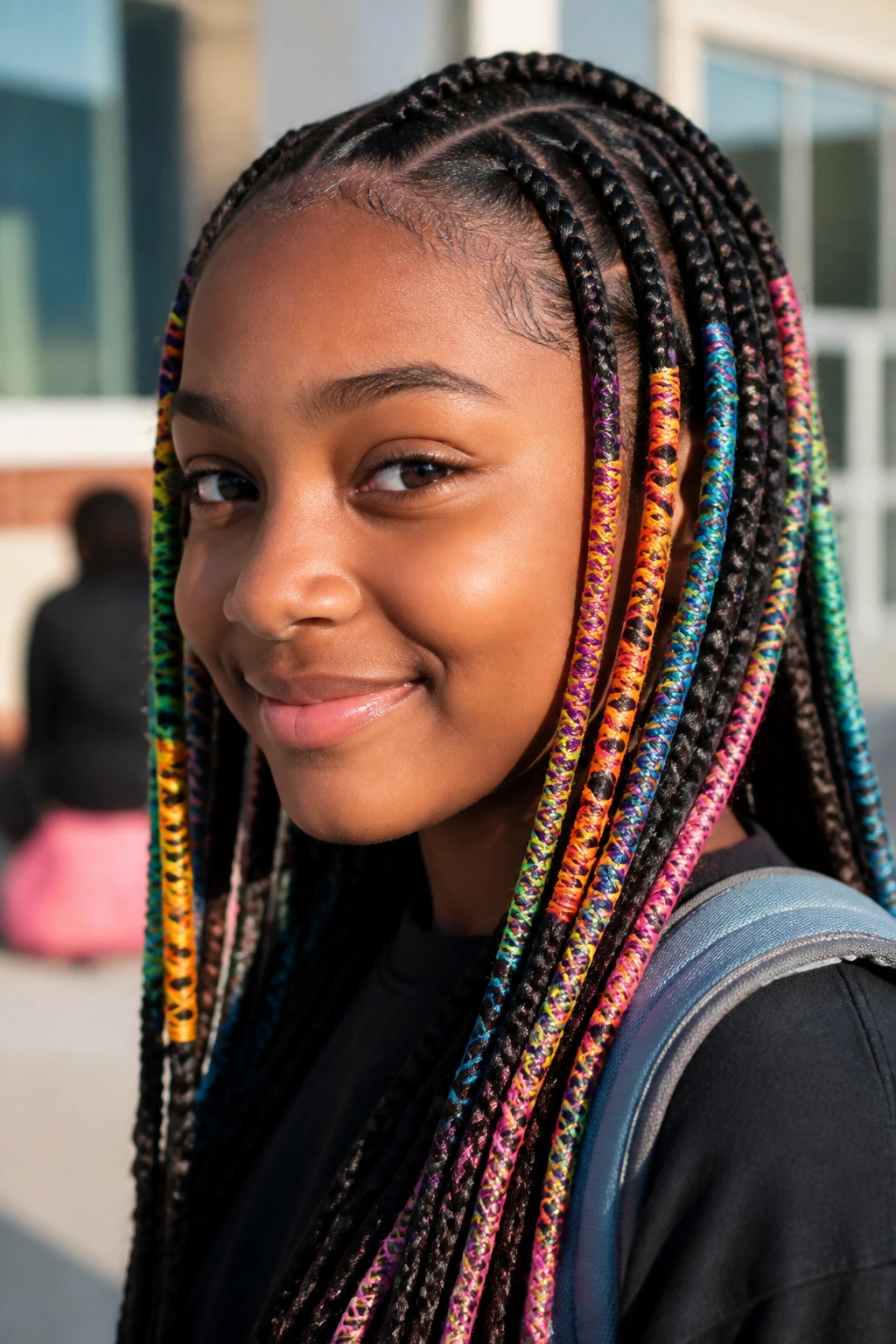 Portrait of a student with braids wrapped in colorful embroidery thread.