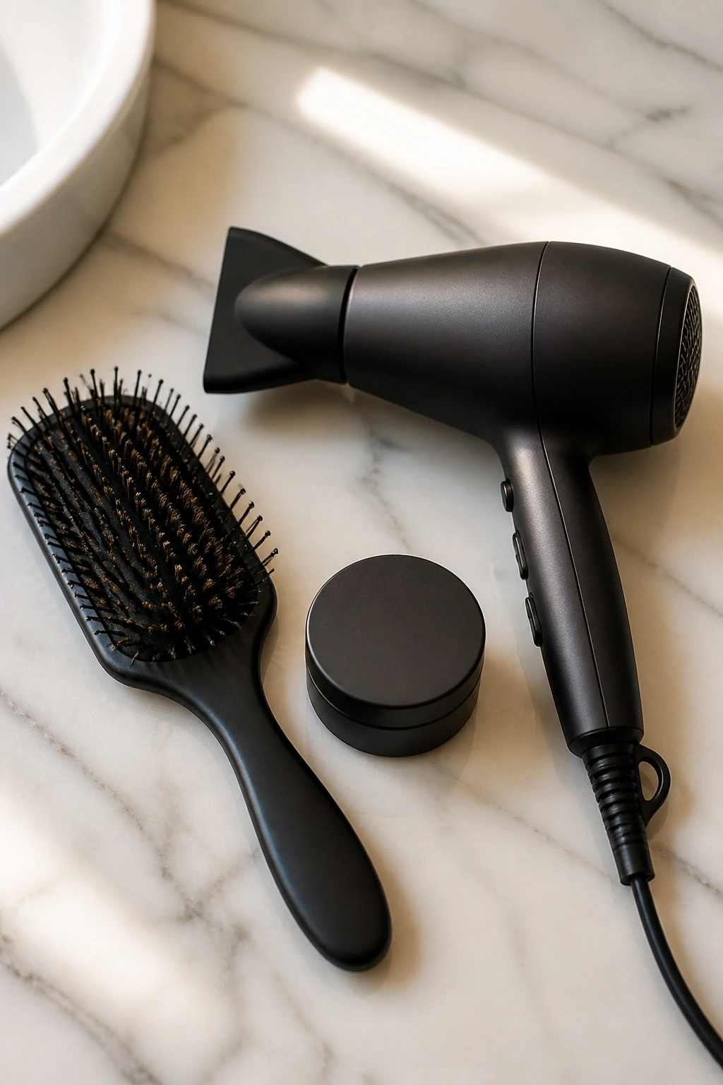 Overhead view of essential styling tools for long bangs: dryer, concentrator, paddle brush.