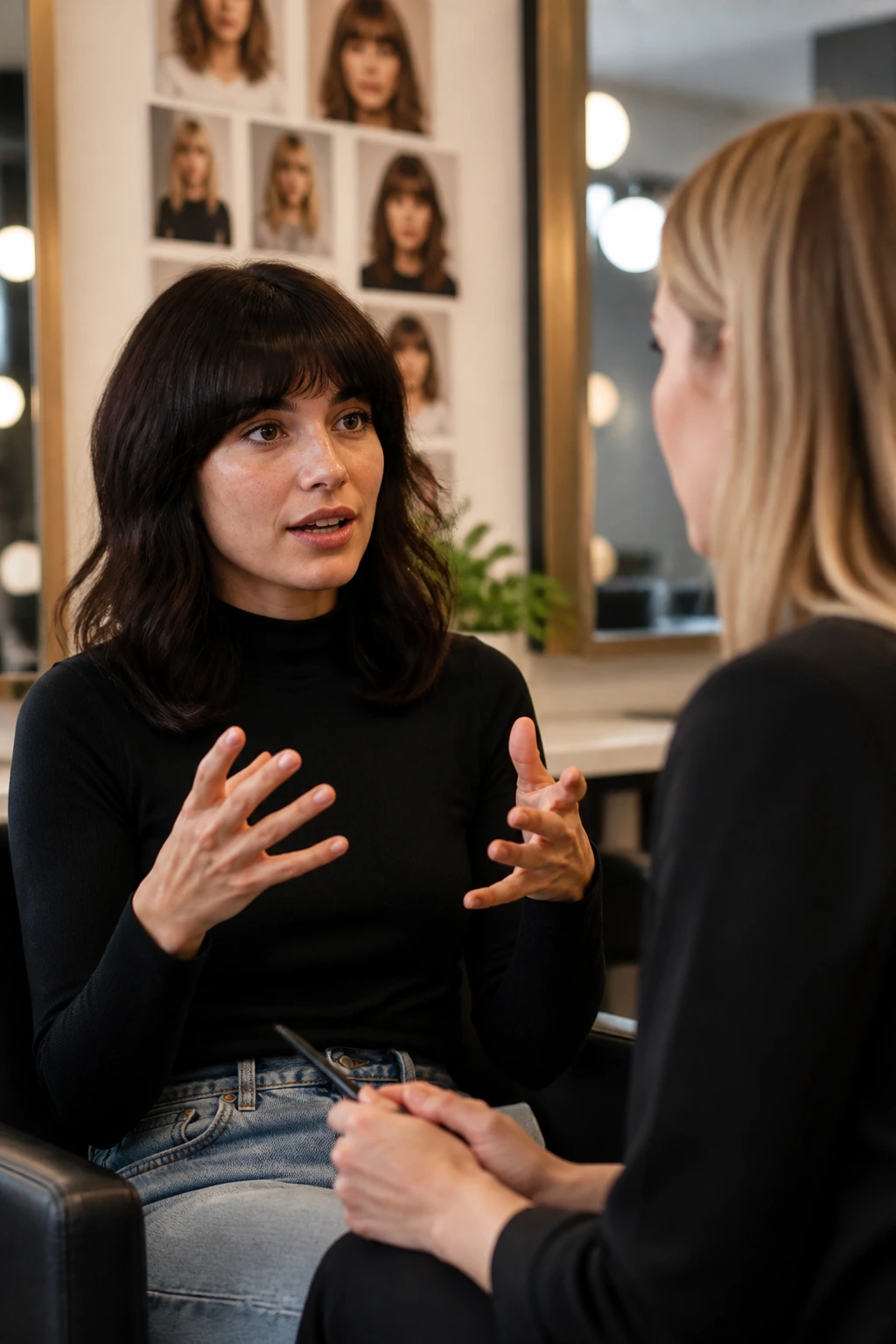 Real client explaining hairstyle ideas to stylist in a salon.
