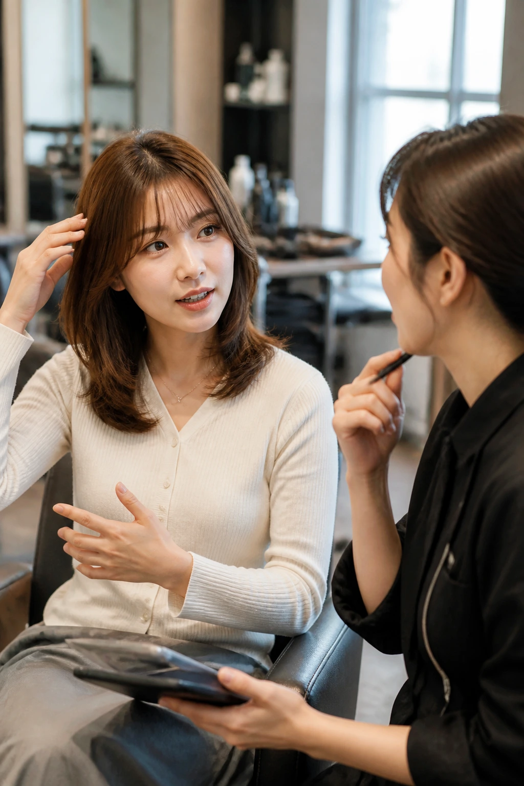 Client and stylist discussing hairstyle goals in a salon