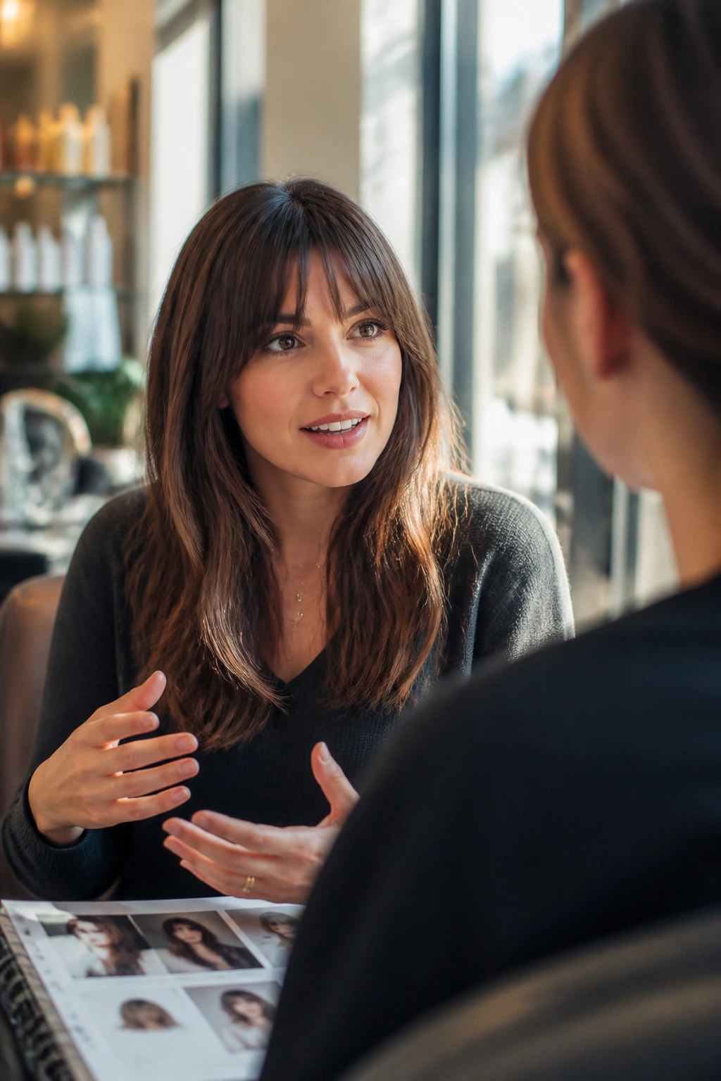 Close-up of a client talking to her stylist in a sunlit salon