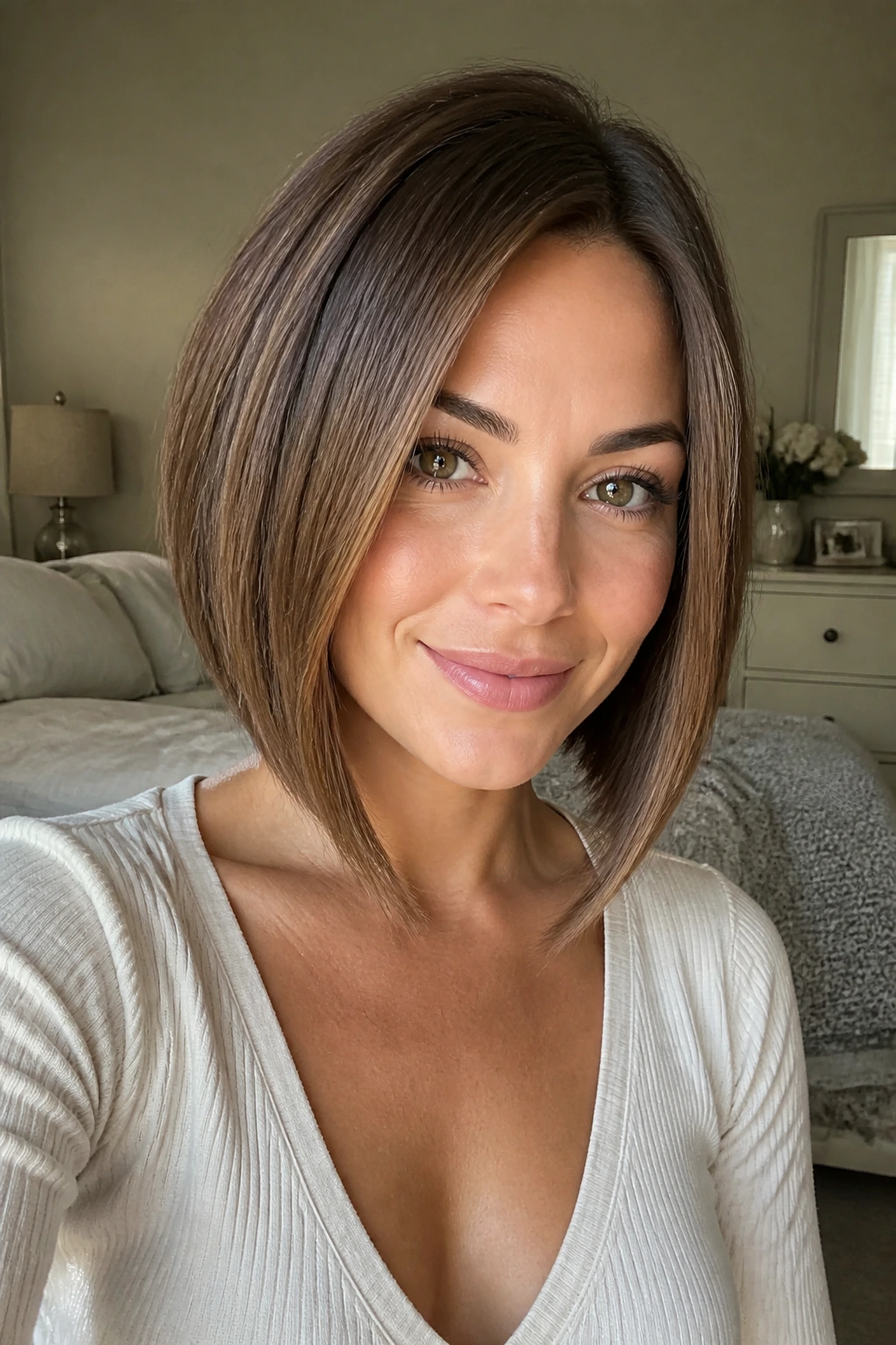 Close-up of a real woman with a subtle A-line inverted lob in soft morning light
