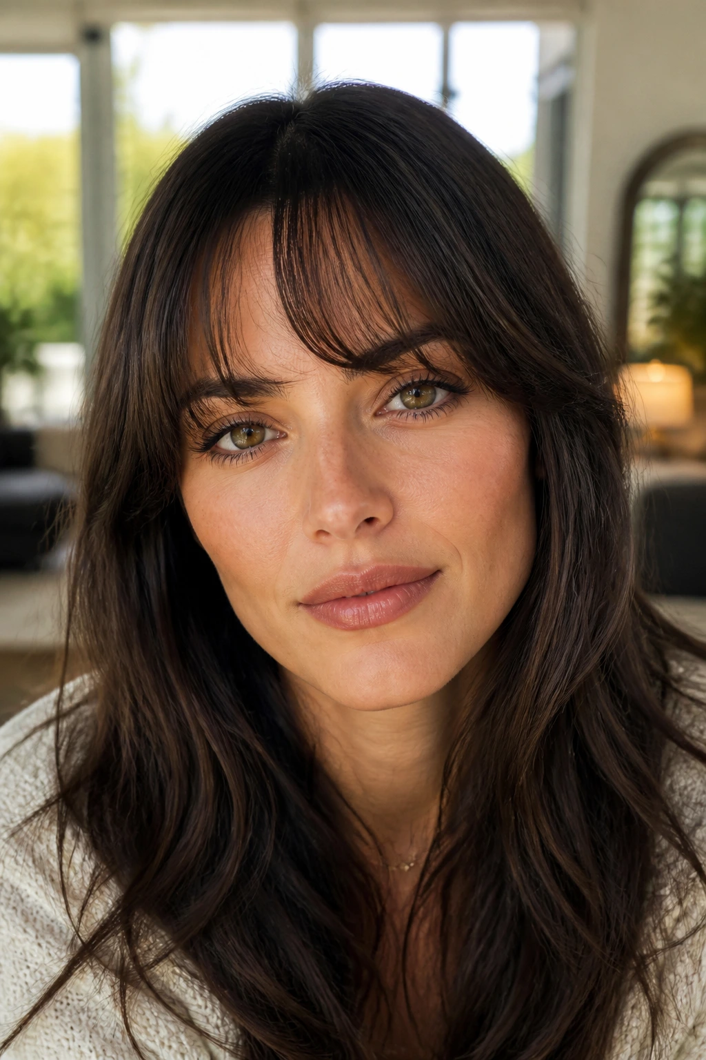Portrait of a woman with subtle crescent bangs under a window light