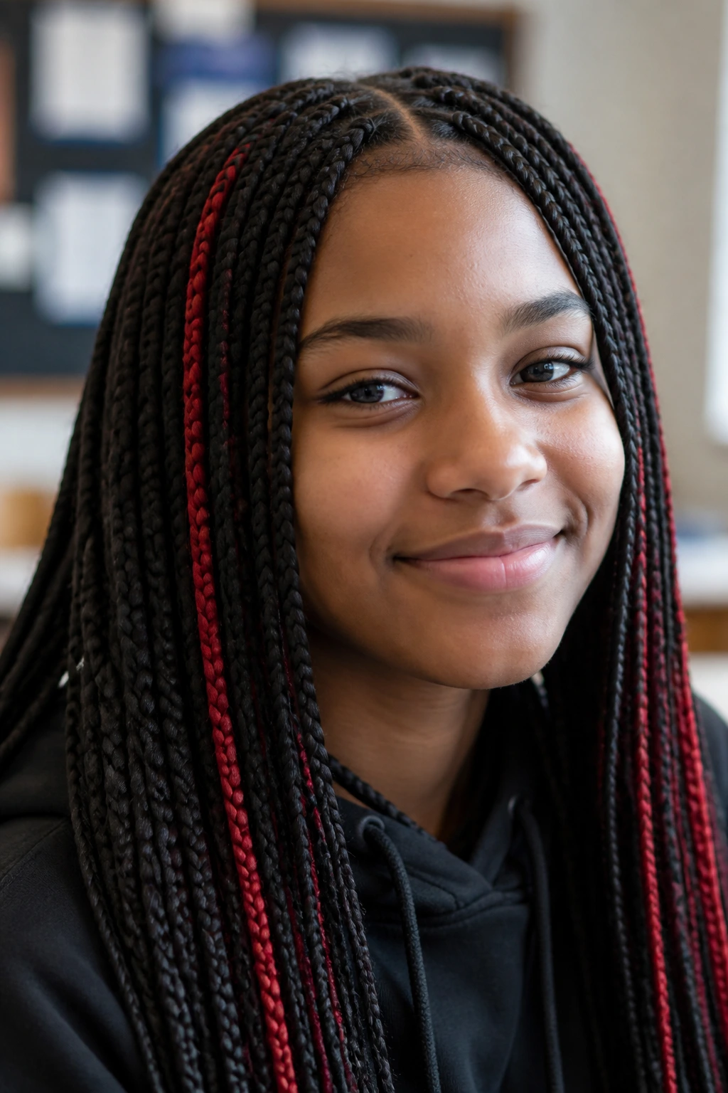 Close-up of a real student with natural box braids featuring subtle red accents