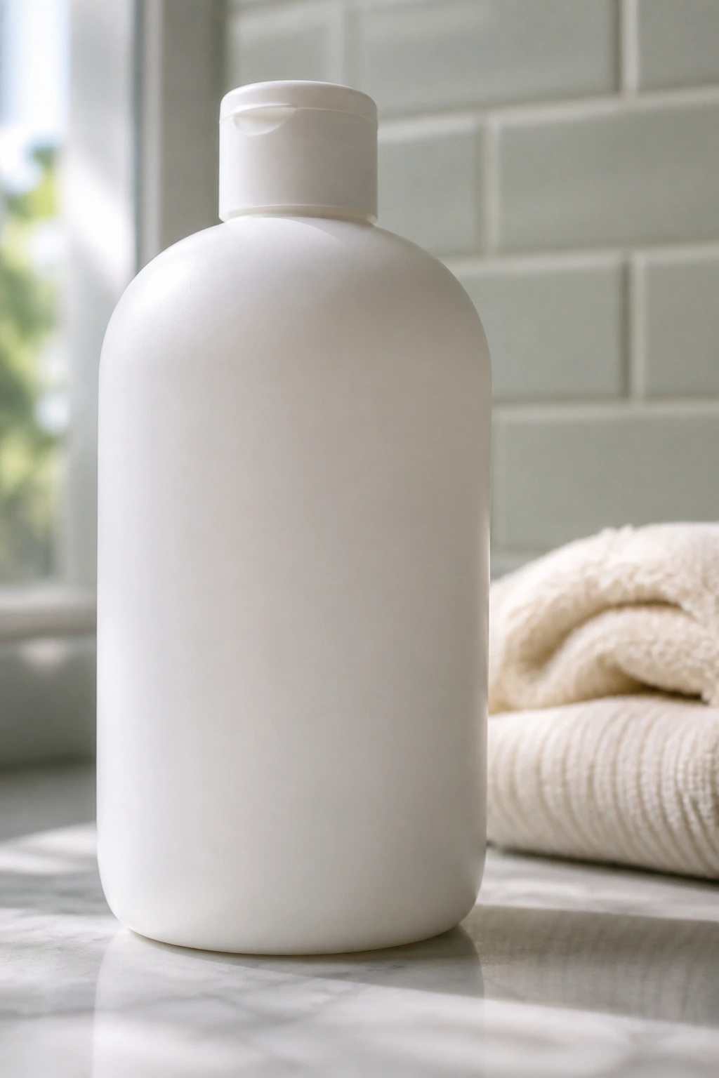 Close-up of a plain sulfate-free shampoo bottle on a bathroom counter