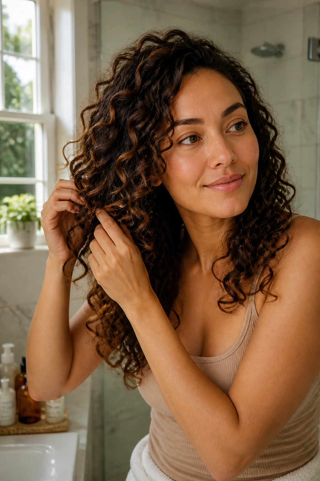 Portrait of a real woman with healthy curly hair in a bathroom setting