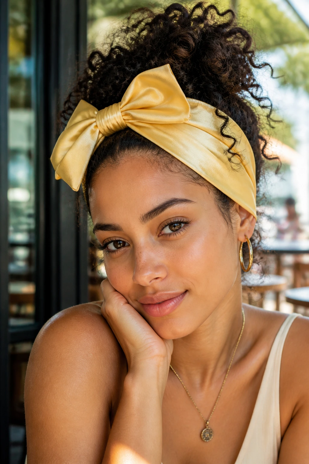Close-up of sun-bleached satin headband with bow on real woman