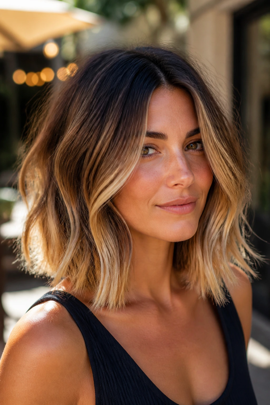 Close-up of a real woman with sun-kissed balayage lob