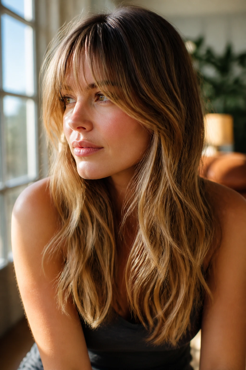 Close-up of a woman with honey balayage and wispy fringe in natural light