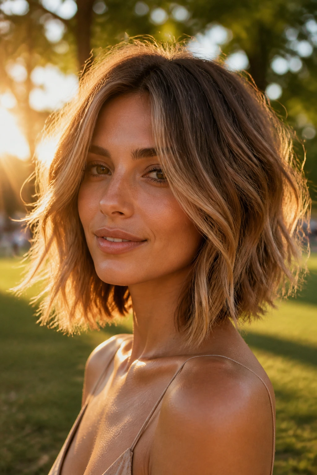 Real person with sun-kissed balayage choppy bob in golden hour light