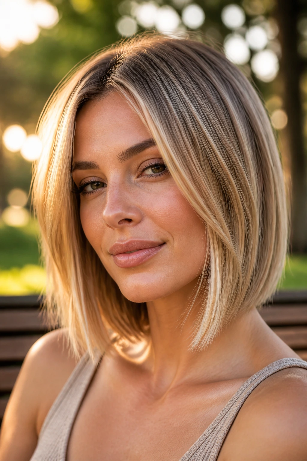 Close-up of a real woman with sun-kissed balayage highlights in a honey blonde bob