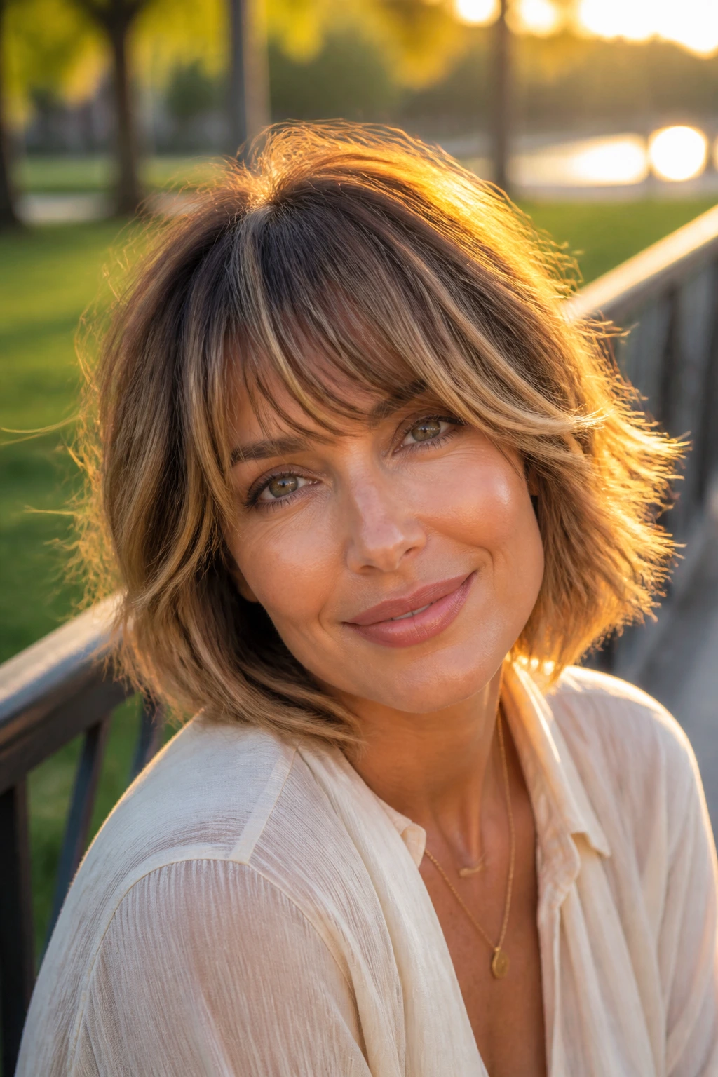 Close-up of a woman with sun-kissed layered bob and feathery bangs in golden hour light