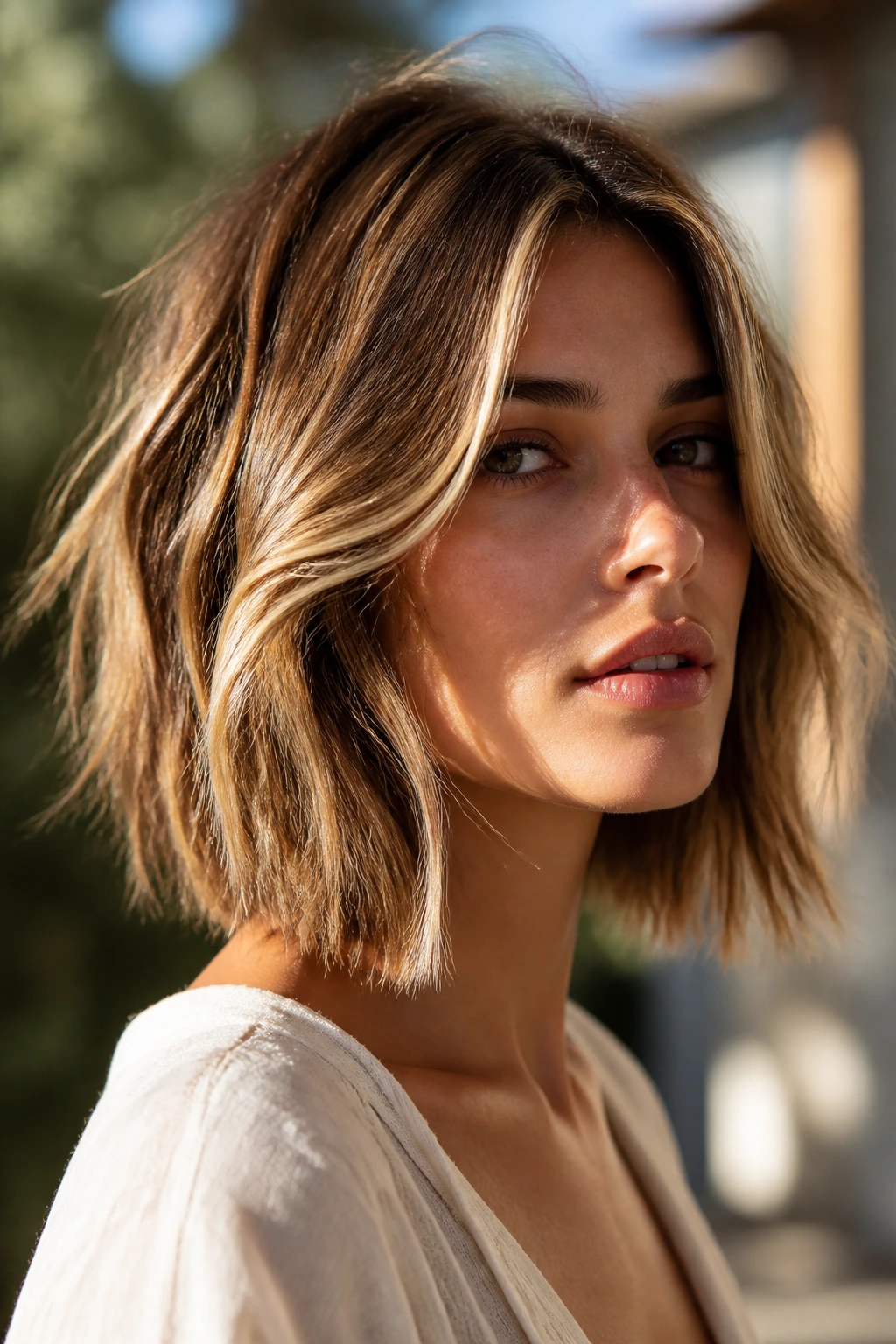 Close-up portrait of a real person with sun-kissed shaggy bob and balayage highlights in sunlight
