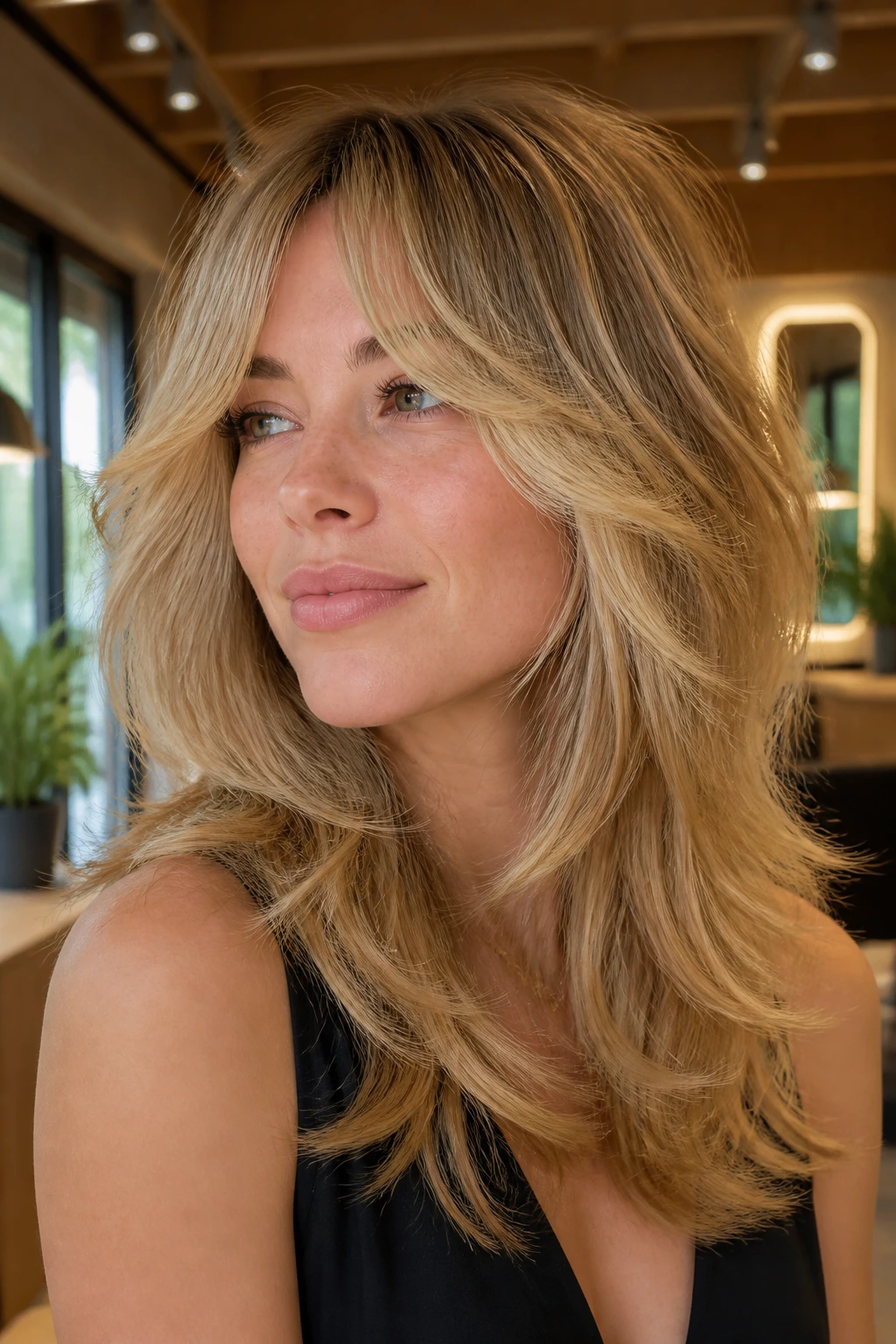 Close-up of a real woman with sun-kissed golden shag and bottleneck fringe framing the face