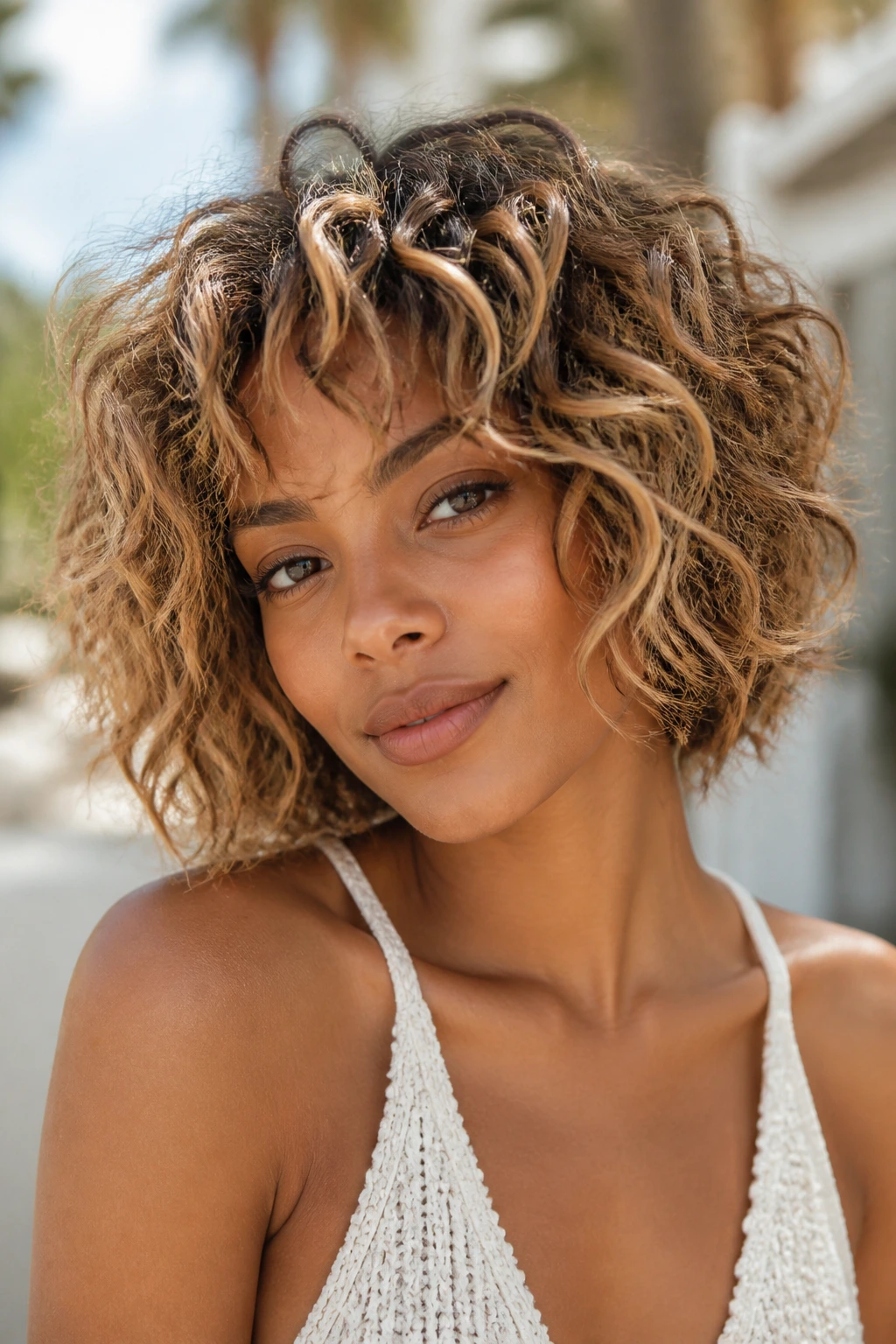 Close-up of a woman with sun-kissed highlights in a shaggy bob outdoors.