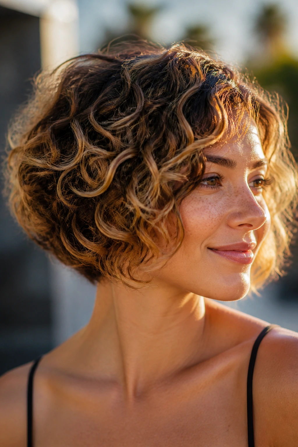 Portrait of real person with sun-kissed stacked bob highlighting layered curls in golden light.