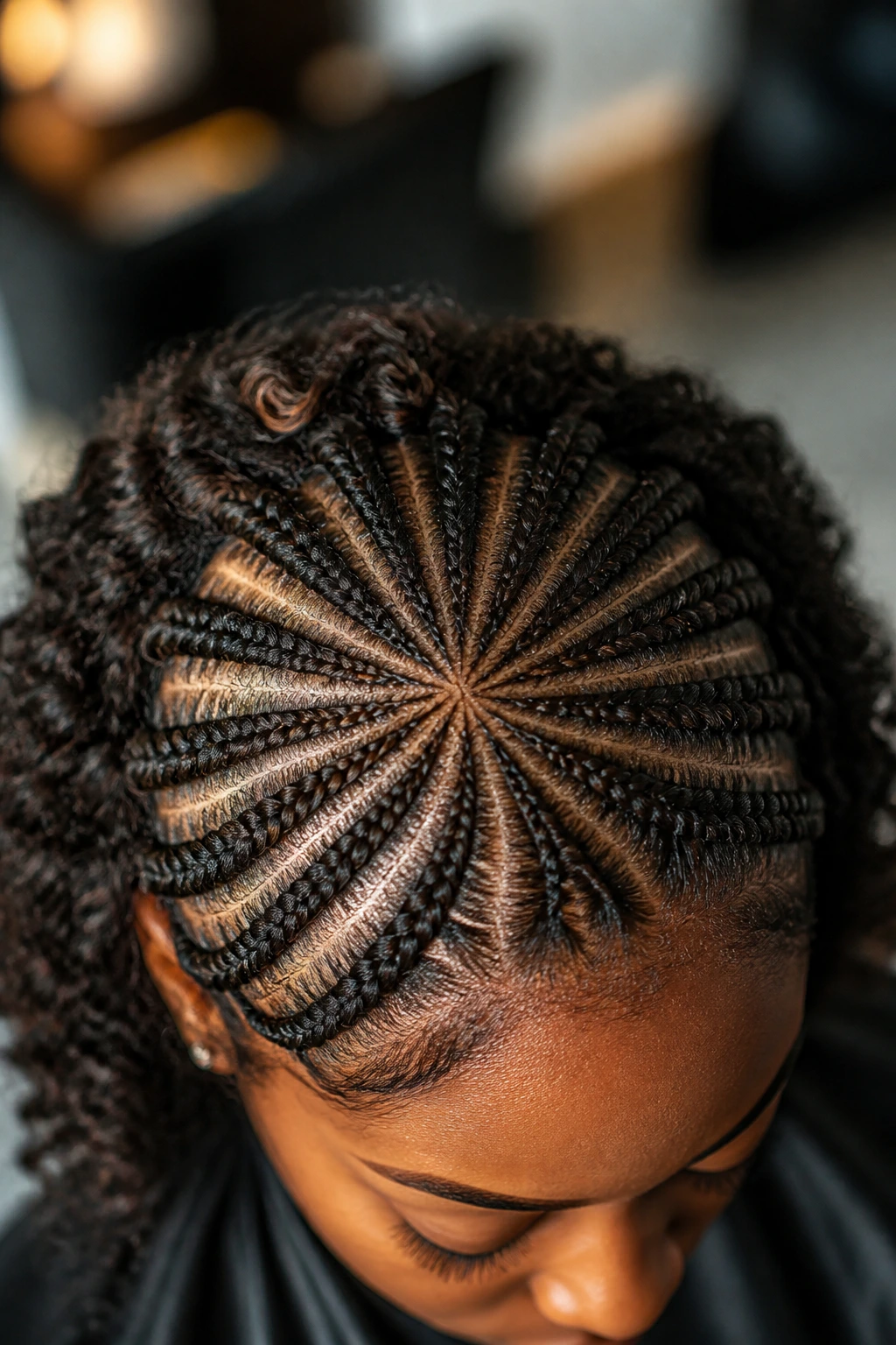 Close-up of crown with sunburst radial cornrows converging at center