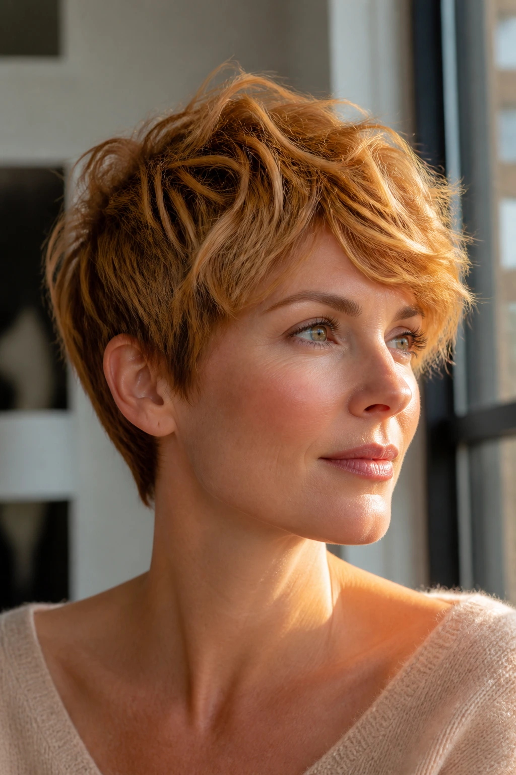 Close-up portrait of a real woman with a sunflower-blond crop