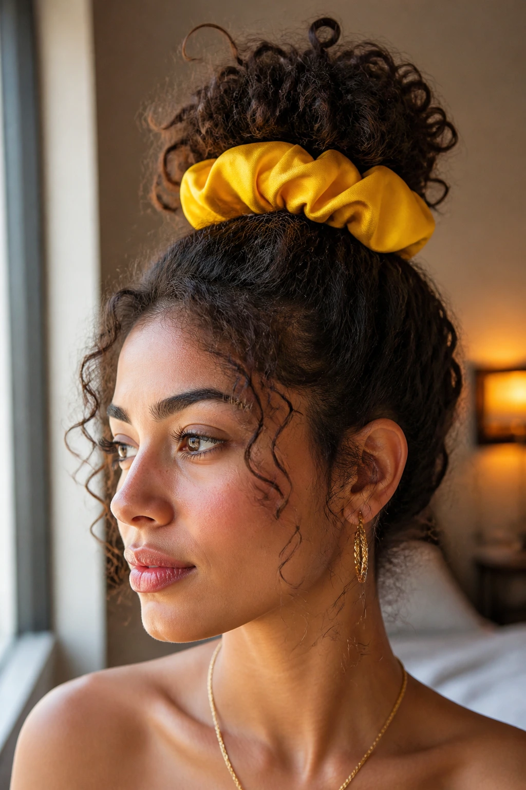 Close-up of a real woman with sunflower yellow silk scrunchie updo featuring a high bun and face-framing tendrils