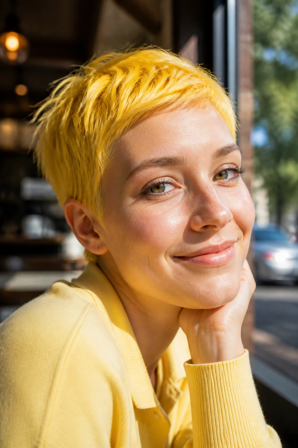 Close-up of a real person with sunny yellow hair