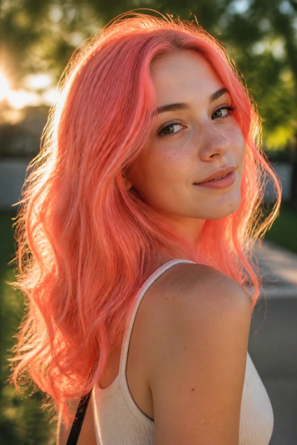 Close-up portrait of a person with sunset coral pink hair in a sunny outdoor setting