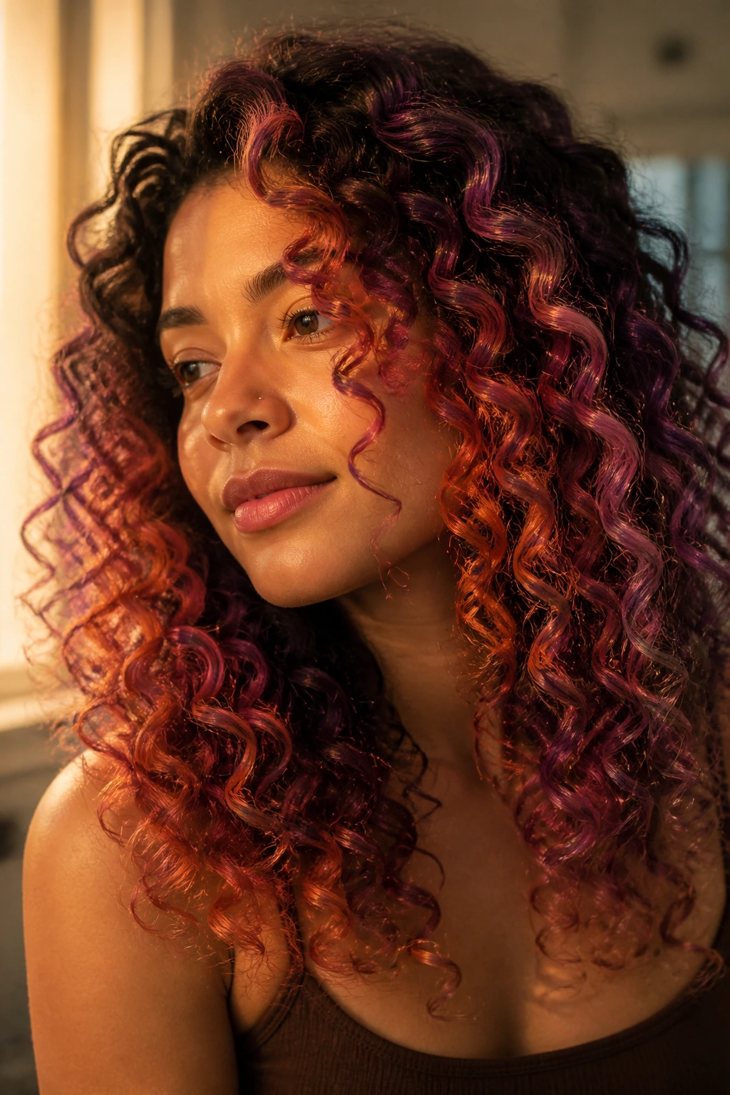 Close-up of a real woman with pink, orange, and violet ombré ribbons in curly hair.