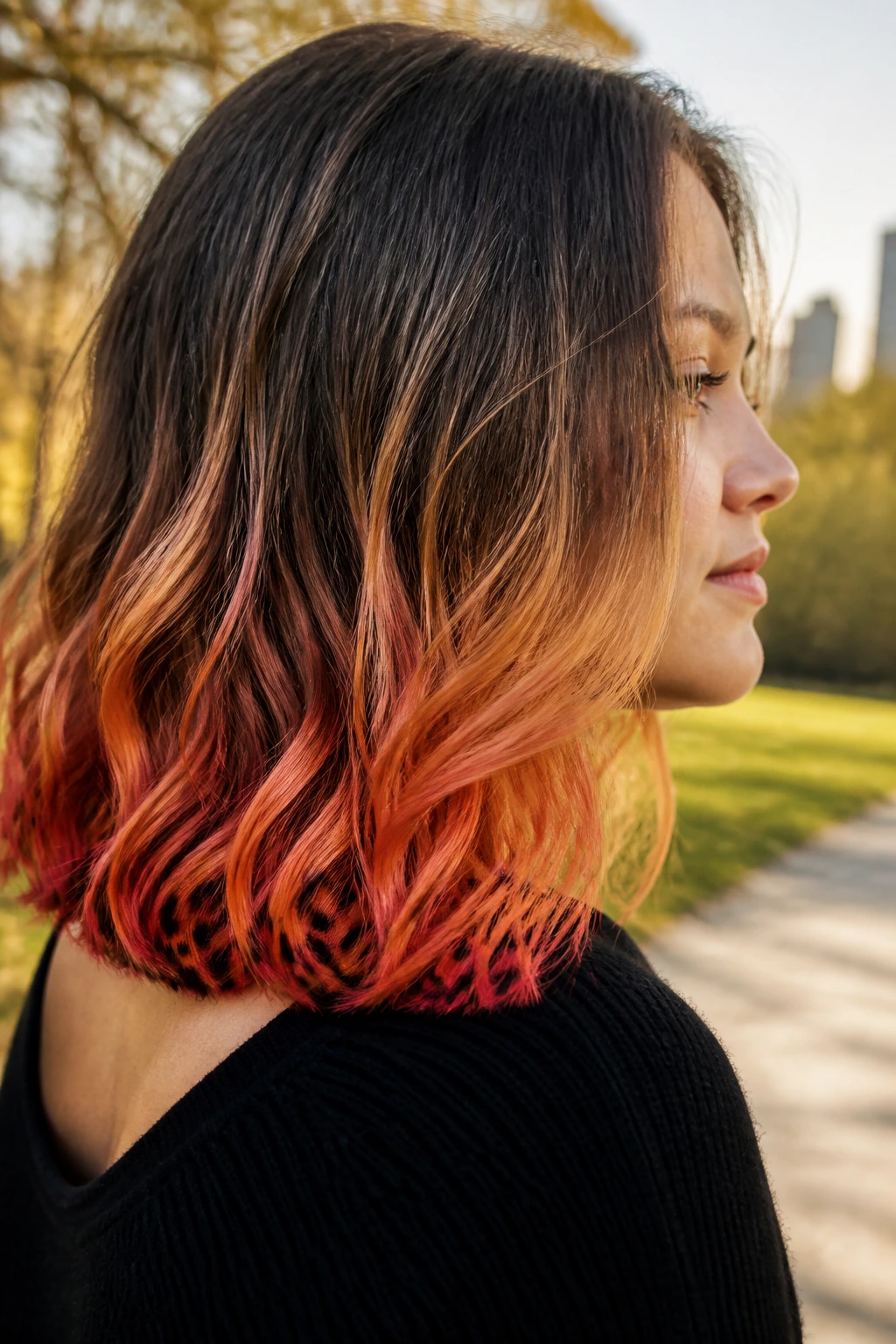 Portrait of hair with sunset ombré ends and black leopard spots at tips