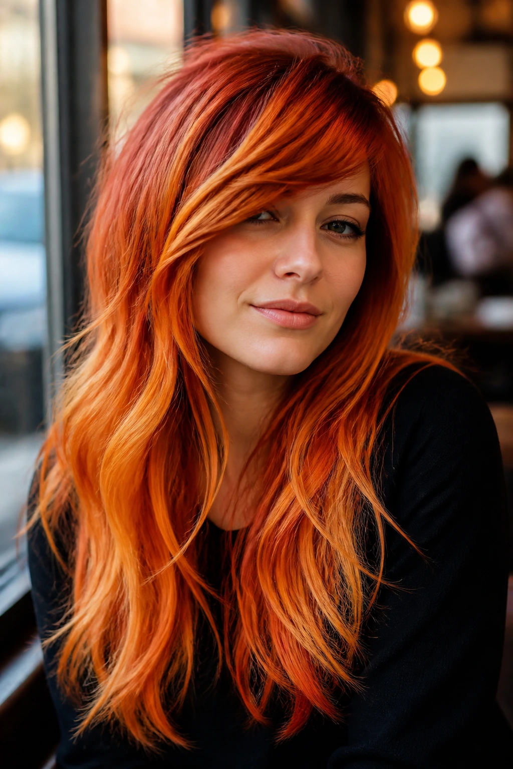 Portrait of woman with sunset orange layered hair and asymmetric bangs