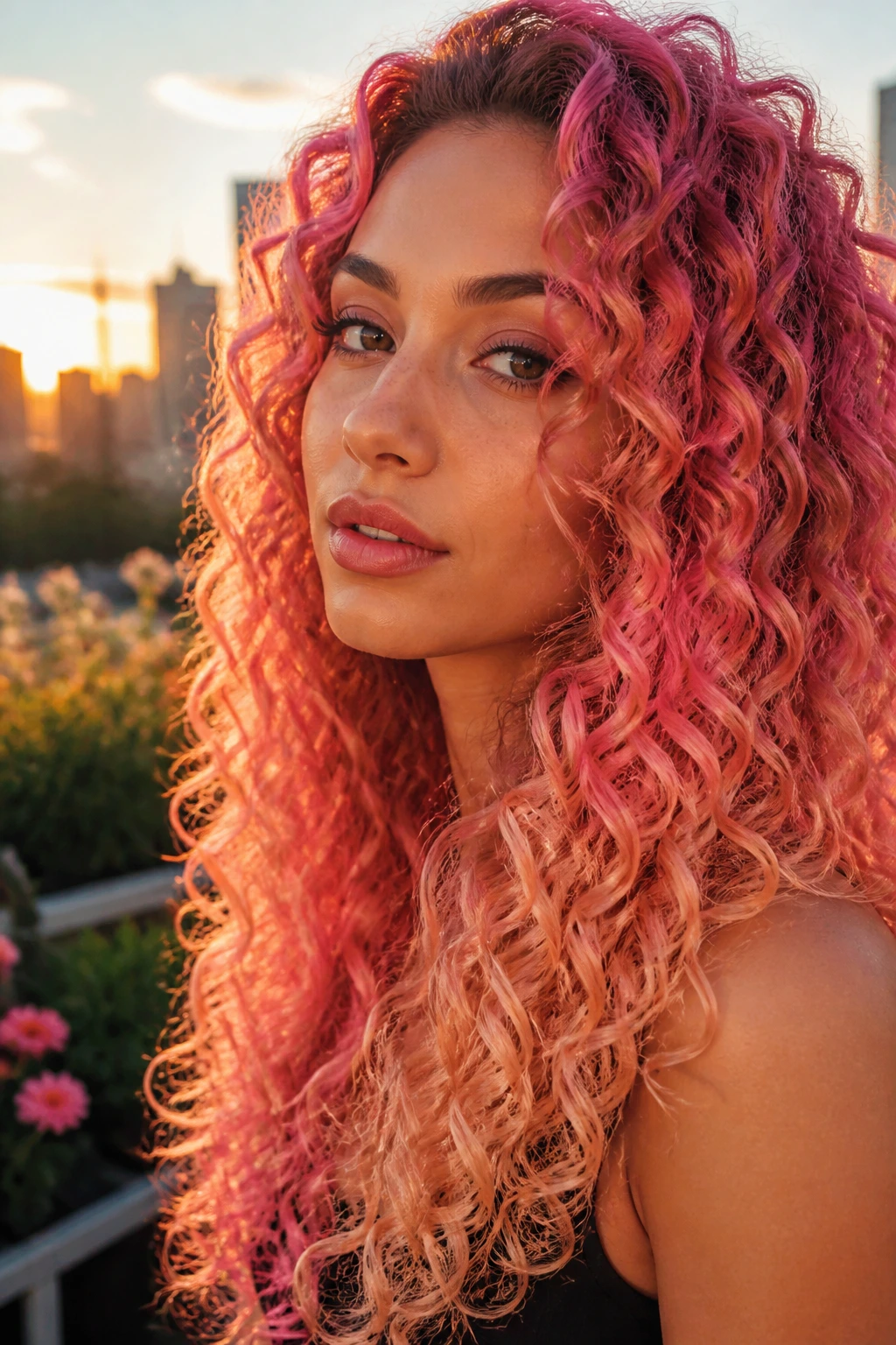 Real woman with sunset rose gradient hair in golden hour light