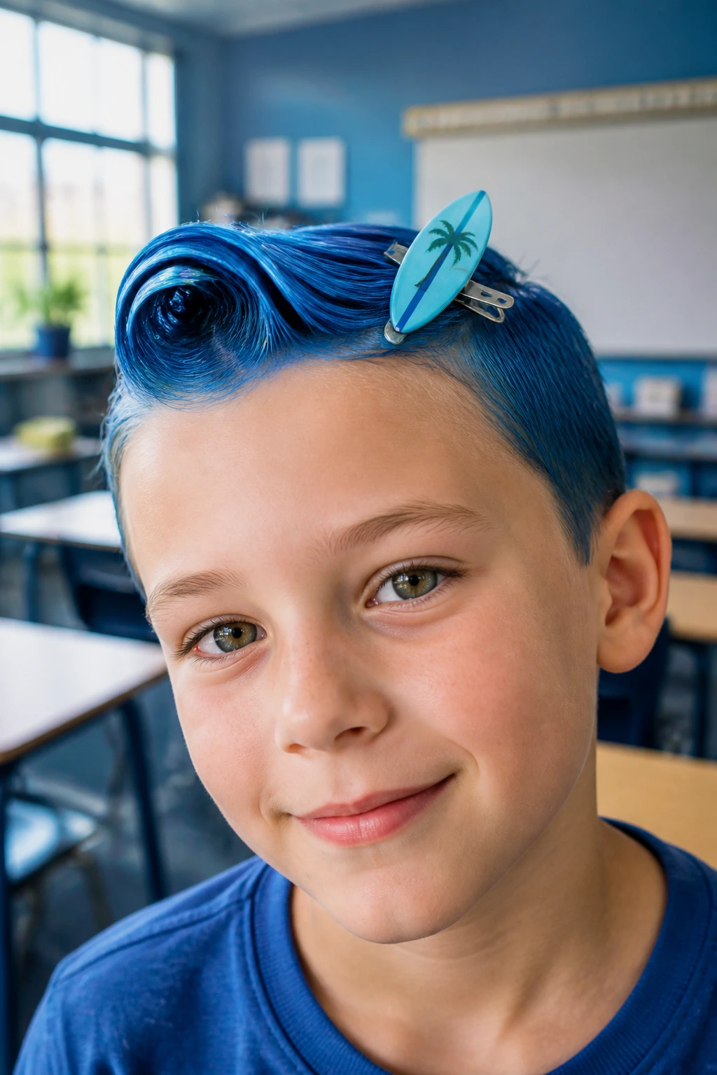 Real child with blue wave hairstyle and surfboard clip in a classroom