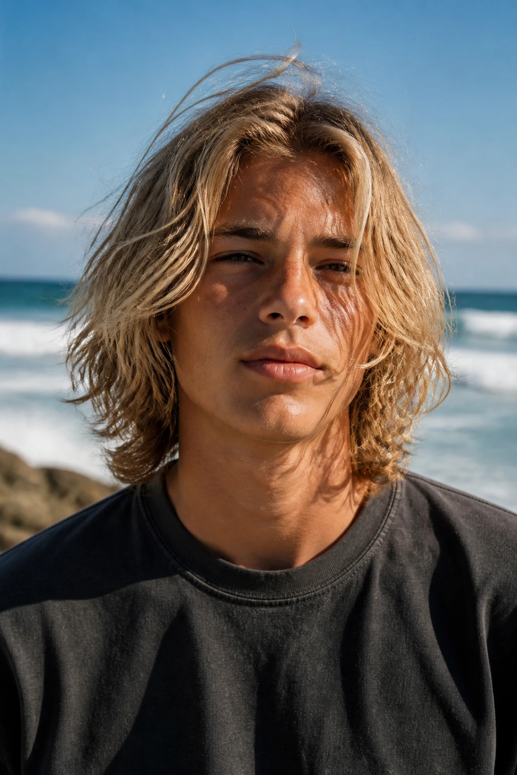 Medium close-up of a teen with surfer shag hairstyle at the beach